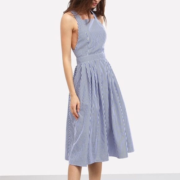 Shein Dresses Striped Criss Cross Back Swing Dress Pockets